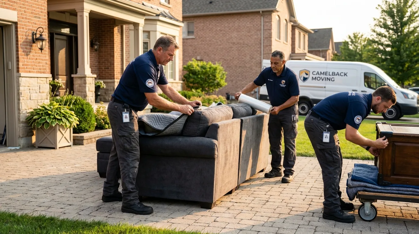 Large estate moving crew wrapping furniture in Burlington, ND